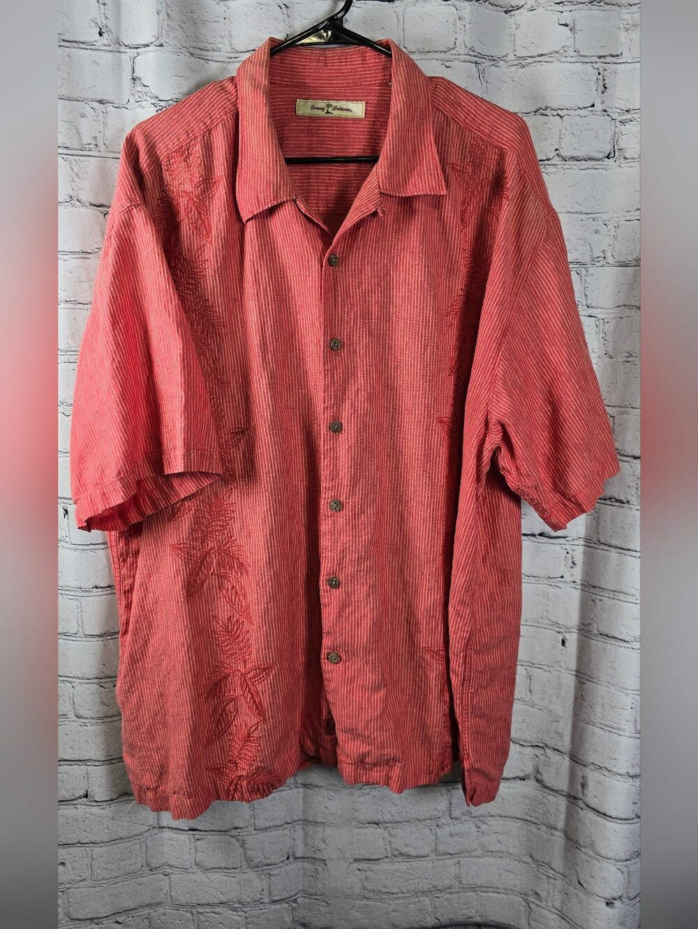 Tommy Bahama Linen Blend Red‎ Embroidered Short Sleeve Button-Up Shirt Size XXL
